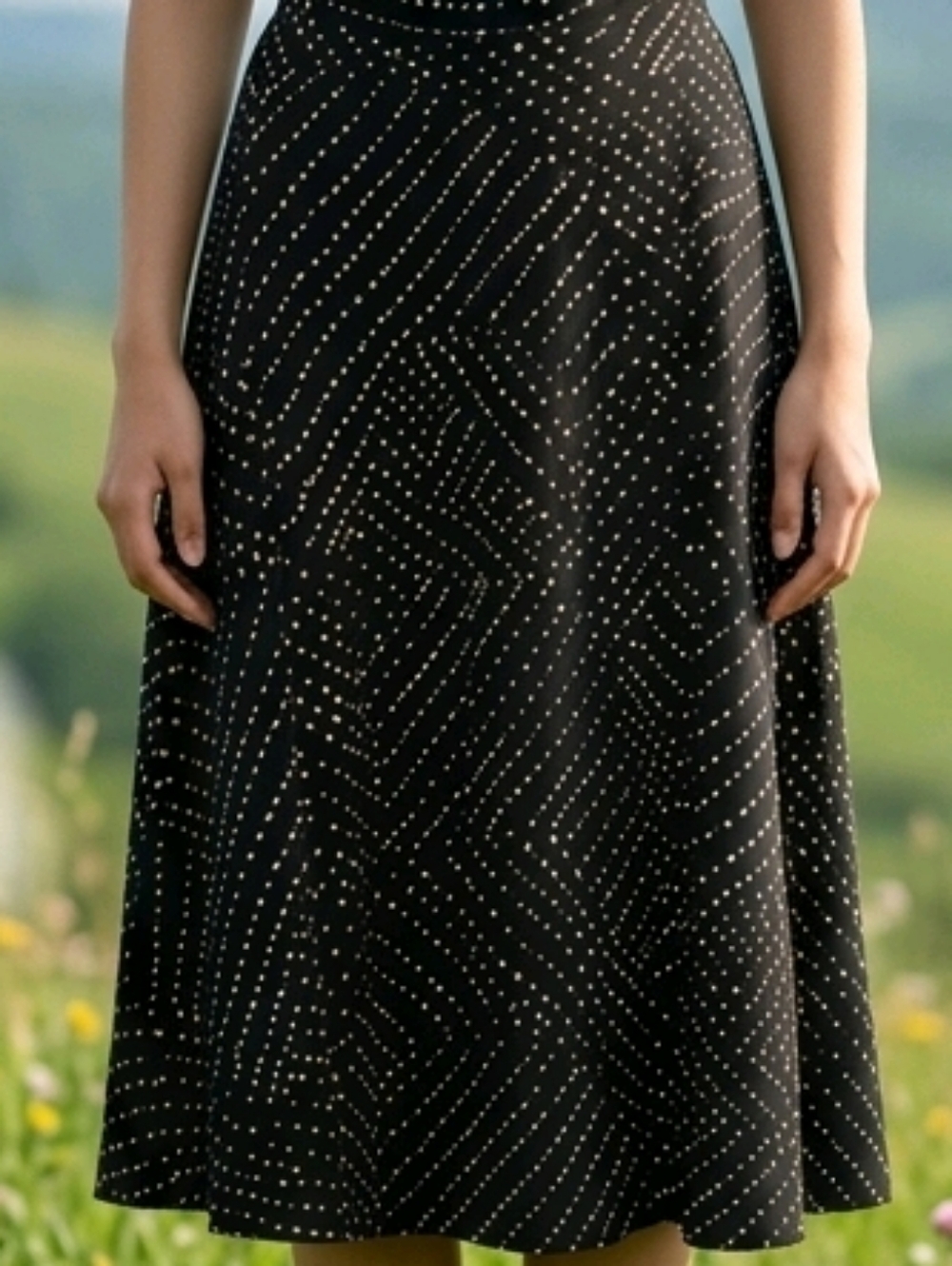 Black Polka Dot Midi skirt with Subtle Geometric Print